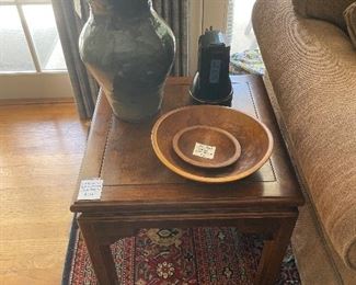 One of  a pair of Ethan Allen asian styled end table , master hand thrown drop glaze pot, Indian Bijar with Herati design, wool pile on cotton foundation 50 years old, exc. condition. 12' x 15'
