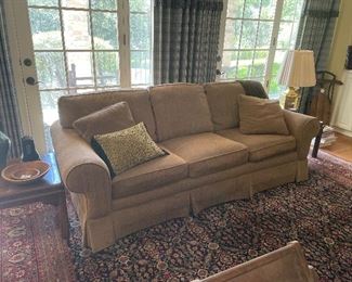 Clayton Marcus 7ft Sleeper Sofa (like new) surrounded by a pair of Ethan Allen asian styled end tables , on Indian Bijar with Herati design, wool pile on cotton foundation 50 years old, exc. condition. 12' x 15' 
