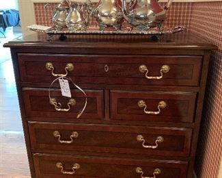 Drexel Heritage 4 drawer Chippendale style chest. Gorham silverplate "Duchess" coffee and tea set in 