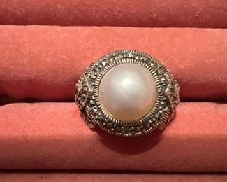 Sterling Silver Ring with Marcasite and pearl size 10