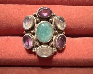 Sterling Silver Ring with multi colored stones size 10