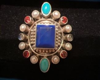 Sterling Silver Ring with multi colored stones and pearls