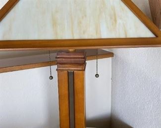 159 Mission Style Wood And Stained Glass Lamp