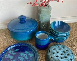 Handmade Cobalt And Turquoise Pottery Stamped ELM And SG