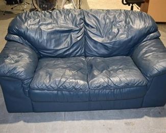 Italian Made Navy Leather Two Cushion Love Seat