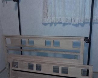Blonde wood full size headboard and footboard with metal bed frame