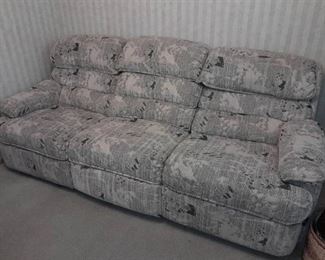 Upholstered 3 seat couch with dual recliners (right side is broken)