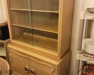 Blonde wood curio hutch with glass doors 62 x 39 x 17 in single piece