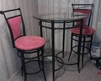 Iron and beveled glass top pub table 41.5 x 34 x 34 in with 2 upholstered swivel barstools