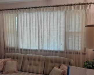 Mid century modern mesh translucent curtain panels (2) (each measures approximately 84 x 60 in) with brass rod and decorative drapery finials (120 in wide shown in photos)