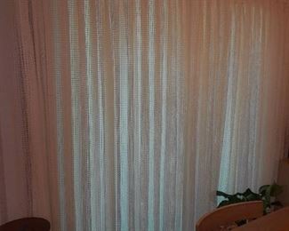 Mid century modern mesh translucent curtain panels (2) each measures approximately 84 x 50 in) with brass rod and decorative drapery finials (96 in wide shown in photos)