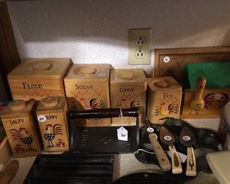 Rooster canisters, S&P, napkin holder