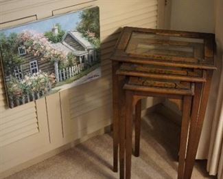 Hand painted glass top nesting tables