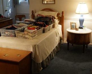 Twin beds, toy chest, marble top table