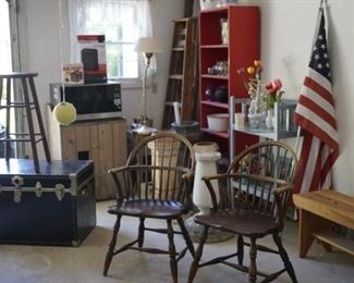 Windsor chairs, trunk, bar stool