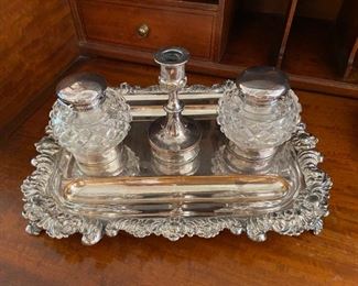 fine silver pen tray with crystal ink pots