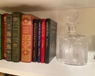 Lalique decanter, leather bound books