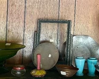 MISCELLANEOUS VINTAGE GLASSWARE, VINTAGE TOY NOISEMAKER, ANTIQUE DRESSER FRAME, FIESTA WARE S&P, PORCELAIN GLOVE FORM