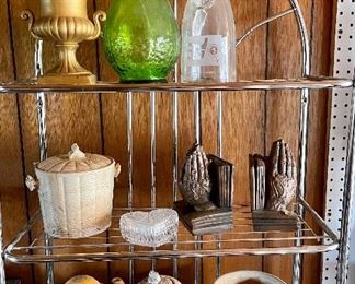 VINTAGE PLANTERS, BOTTLES, BOOKENDS, TRINKET BOX, TEAPOT, CANISTER