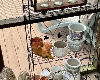 MISCELLANEOUS PLANTERS, BASKETS, WINE RACK, ARTICHOKE FIGURES, BAKER'S RACK