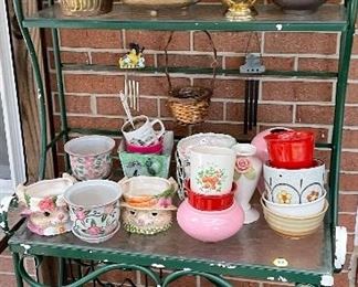 WROUGHT IRON BAKERS RACK(**SOLD)  MISCELLANEOUS PLANTERS,  BASKETS, BOWLS 

**Some the items in this group have been SOLD. 