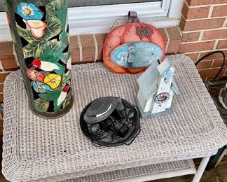 VINTAGE WICKER COFFEE TABLE, PAINTED METAL UMBRELLA CAN, BIRDHOUSE, WATER FOUNTAIN, TIN PUMPKIN DECOR