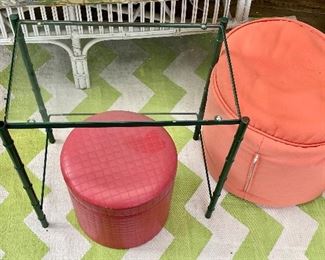 METAL/GLASS SIDE TABLE, RED OTTOMAN/STORAGE, ORANGE BEAN BAG OTTOMAN, LIME GREEN/WHITE CHEVRON PORCH RUG