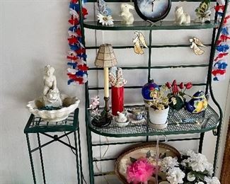 WROUGHT IRON/GLASS PLANT STAND(**SOLD), WROUGHT IRON BAKER'S RACK(**SOLD), 
MISCELLANEOUS DECOR