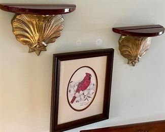 SCONCE SHELVES, FRAMED CARDINAL PRINT