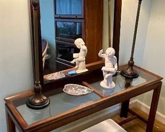 TALL CANDLESTICK LAMPS, CONSOLE TABLE, WHITE OTTOMAN, 