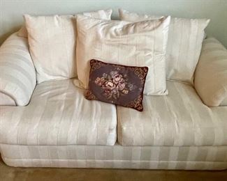 UPHOLSTERED SATIN STRIPES LOVESEAT W/FLUFFY PILLOWS #1