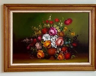 LARGE FRAMED FLORAL ART, VINTAGE CANDLE SCONCES