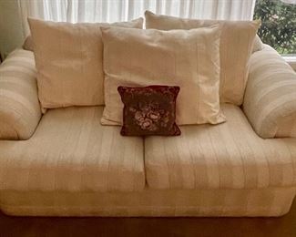 UPHOLSTERED SATIN STRIPES LOVESEAT W/FLUFFY PILLOWS #2