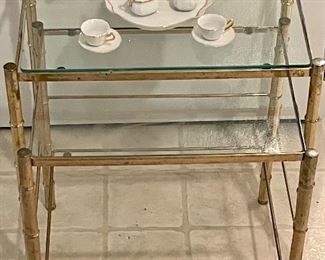 VINTAGE BRASS/GLASS NESTING TABLES, SMALL TEA SET