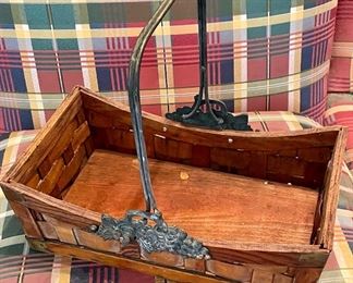 WOODEN BASKET W/METAL HANDLE