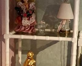 BAMBOO/GLASS SHELF UNIT(**SOLD)
LAMP, FLORAL ARRANGEMENT, ANGEL,
GOLDEN FIGURINE (**SOLD)