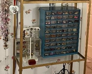 LOTS OF COSTUME JEWELRY (SHELF UNIT NOT AVAILABLE)