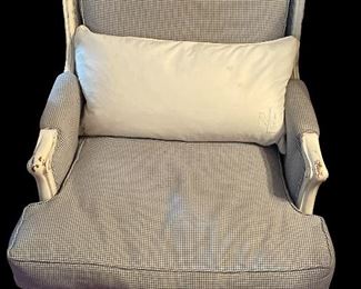 UPHOLSTERED ARM CHAIR W/DISTRESSED WHITE WASH FRAME