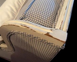 UPHOLSTERED ARM CHAIR W/DISTRESSED WHITE WASH FRAME