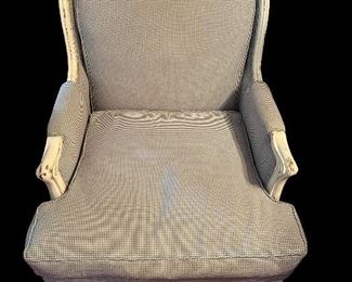 UPHOLSTERED ARM CHAIR W/DISTRESSED WHITE WASH FRAME
