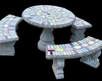 MOSAIC TOP CONCRETE TABLE W/3-BENCHES
