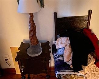 Cedar stump lamp and cool old chair with cigar table.