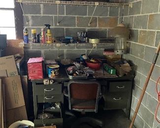 Tools and cool old steel desk.