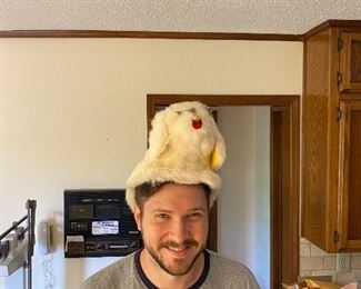 We thought this was a silly hat but it is actually a Kleenex box cover. Go figure.