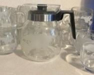 Global design glass coffee carafe and cups, creamer, sugar