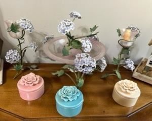 Pretty little boxes, all in a row, and a floral set of 3 metal/hand painted stands
