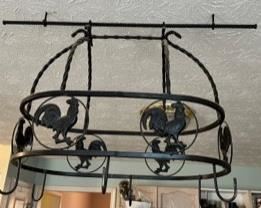 Hanging iron pot hanger for ceiling mount, rooster motif