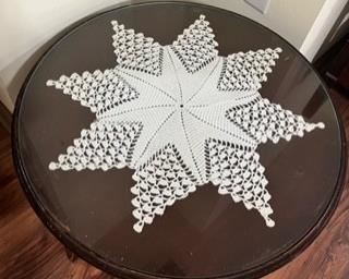 Side table w/ glass top and custom lace doily