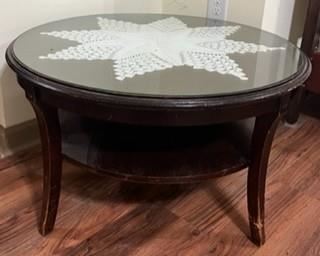 Table w glass and doily