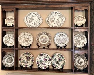 Another antique plate rack; assorted plates